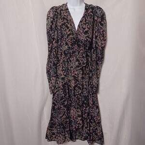 Lea & Viola Black Floral Print Ruffle Wrap Midi Dress. Size S